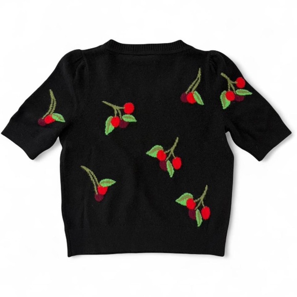 Anthropologie Maeve Puff-Sleeve Cashmere Jumper XS Black with Cherry Print - Picture 6 of 11